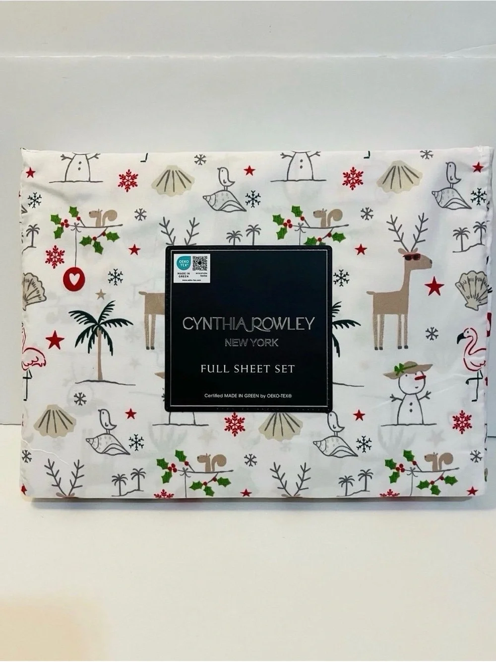 Cynthia Rowley Christmas Beach Full Size Sheet Set Palm Tree Seashell Flamingo
